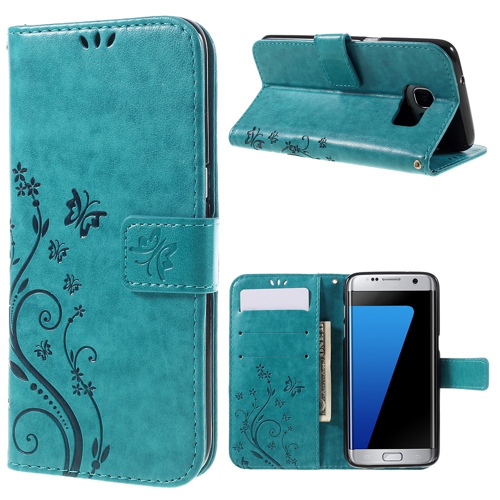 Samsung Galaxy S7 Edge Leather Cover Imprinted Butterflies Blue
