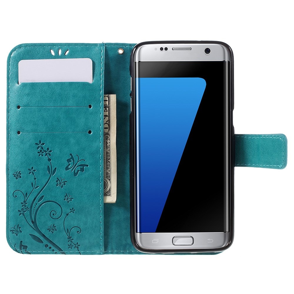 Samsung Galaxy S7 Edge Leather Cover Imprinted Butterflies Blue