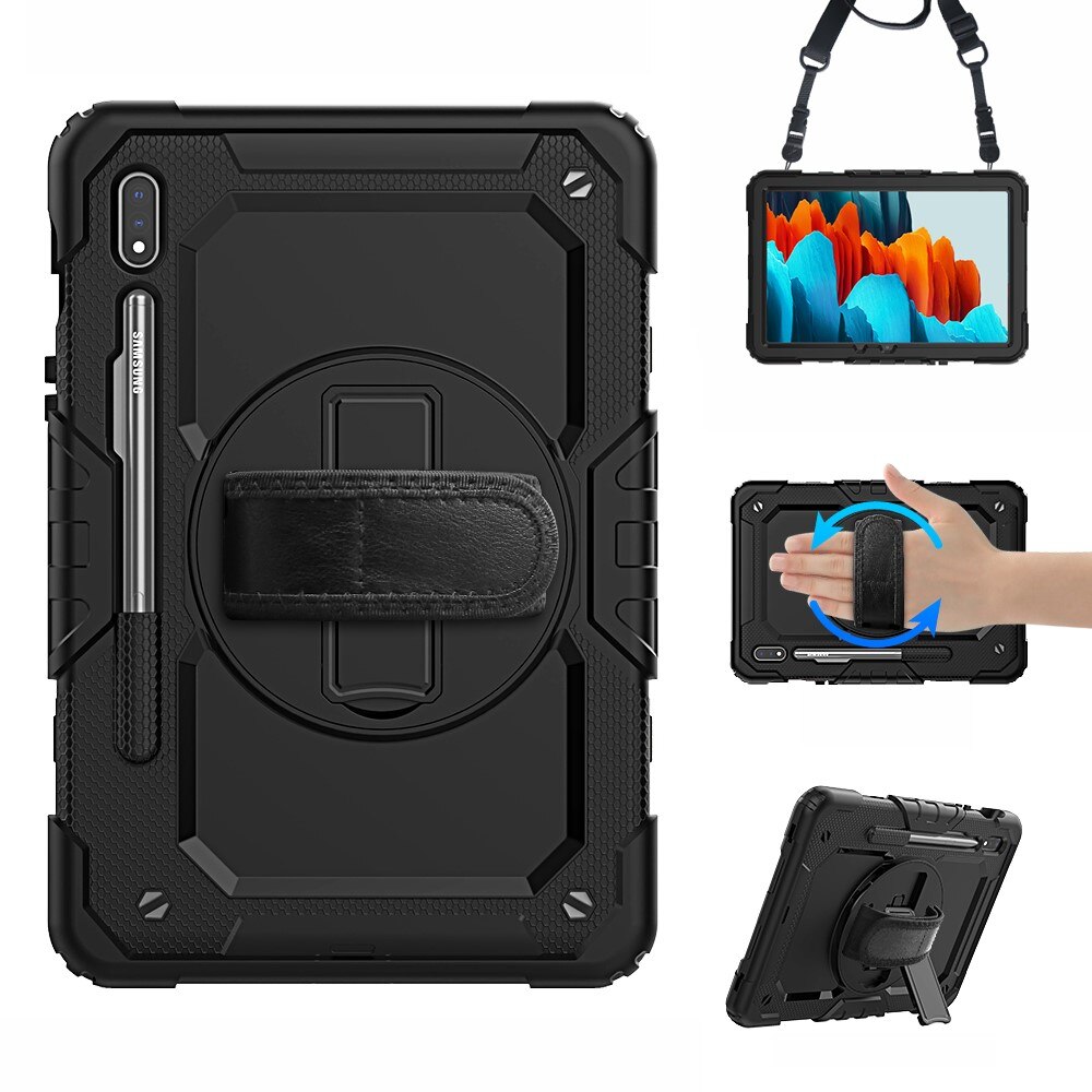 Samsung Galaxy Tab S7/S8 11.0 Shockproof Full Protection Hybrid Case w. Shoulder Strap Black