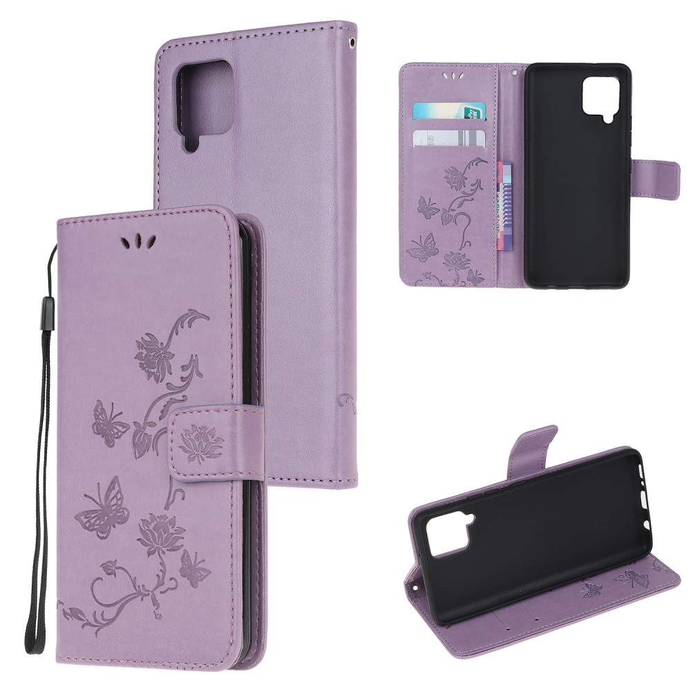 Samsung Galaxy A22 4G Leather Cover Imprinted Butterflies Purple