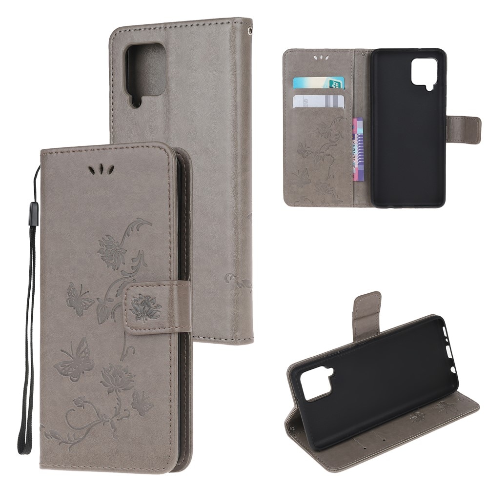 Samsung Galaxy A22 4G Leather Cover Imprinted Butterflies Grey