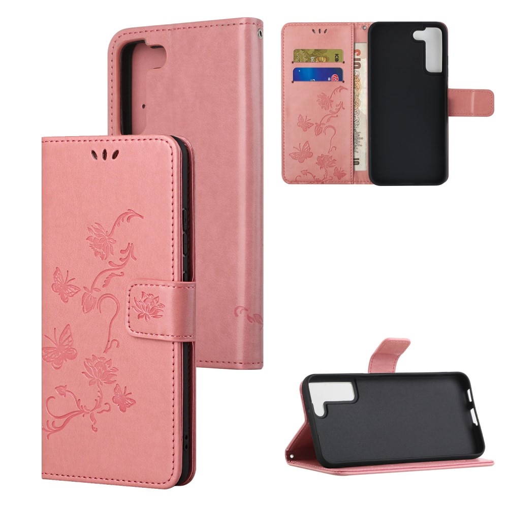 Samsung Galaxy S22 Leather Cover Imprinted Butterflies Pink