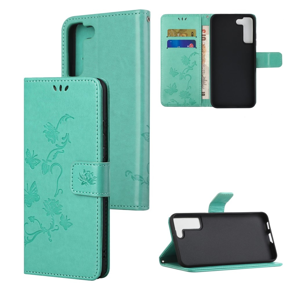 Samsung Galaxy S22 Leather Cover Imprinted Butterflies Green