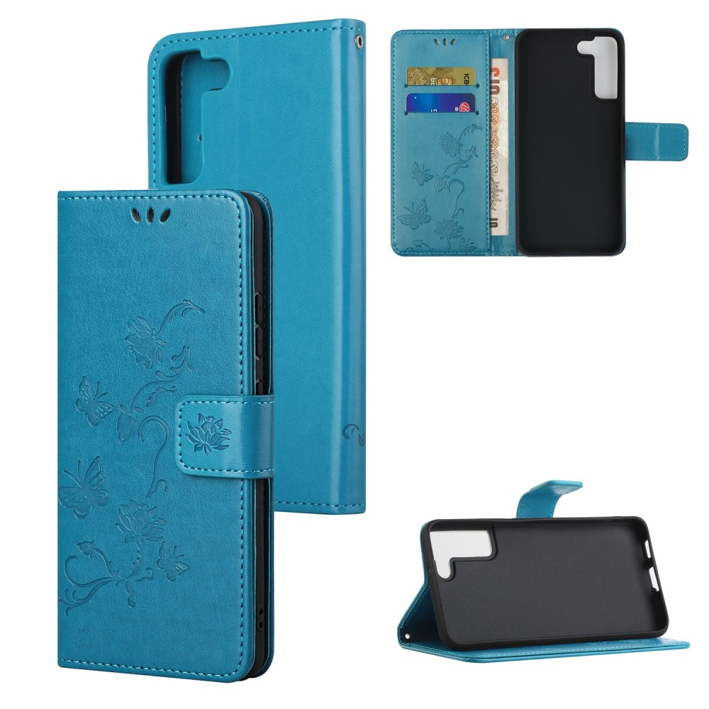 Samsung Galaxy S22 Leather Cover Imprinted Butterflies Blue