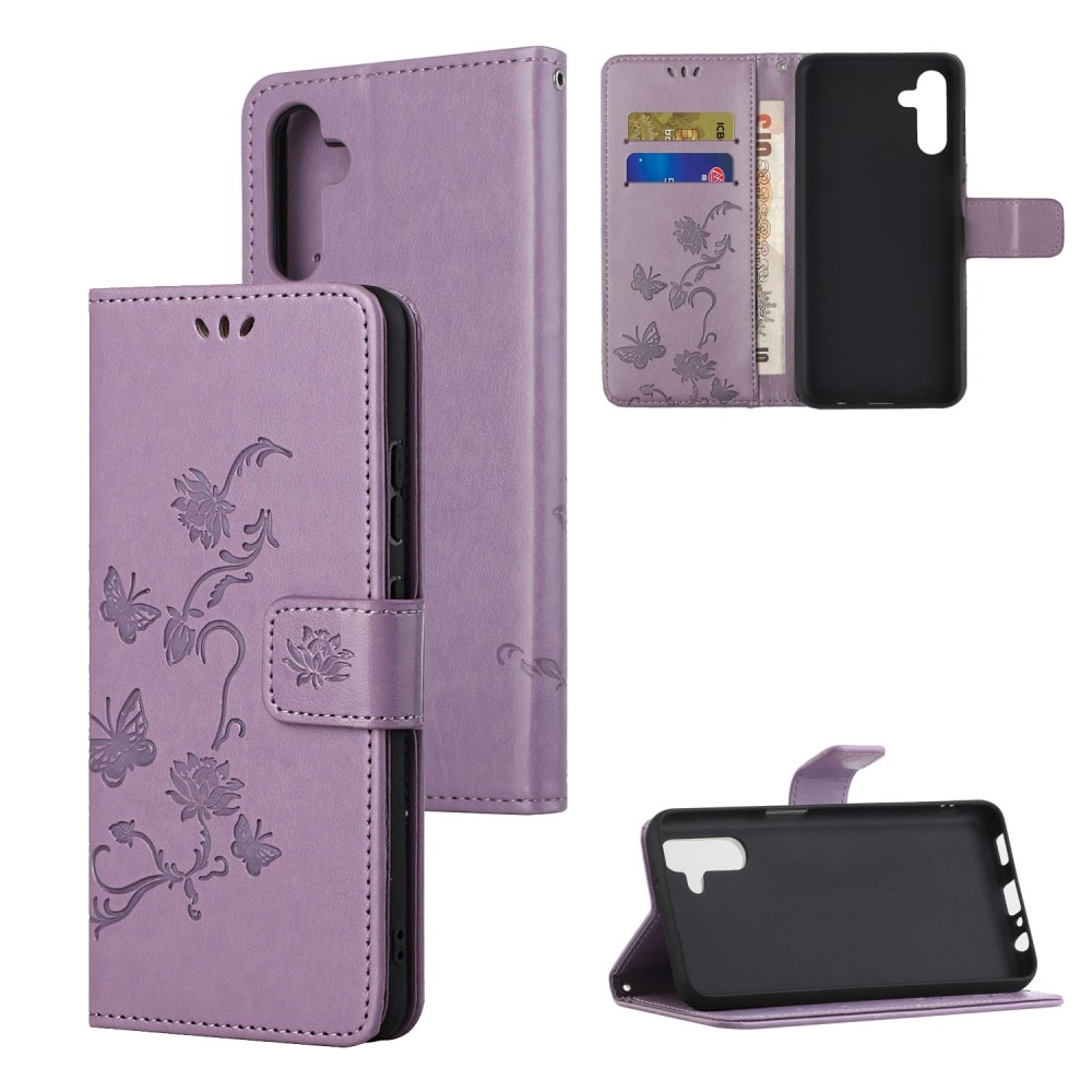 Samsung Galaxy A04s Leather Cover Imprinted Butterflies Purple