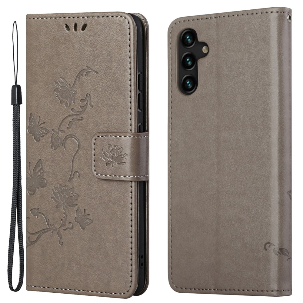 Samsung Galaxy A04s Leather Cover Imprinted Butterflies Grey