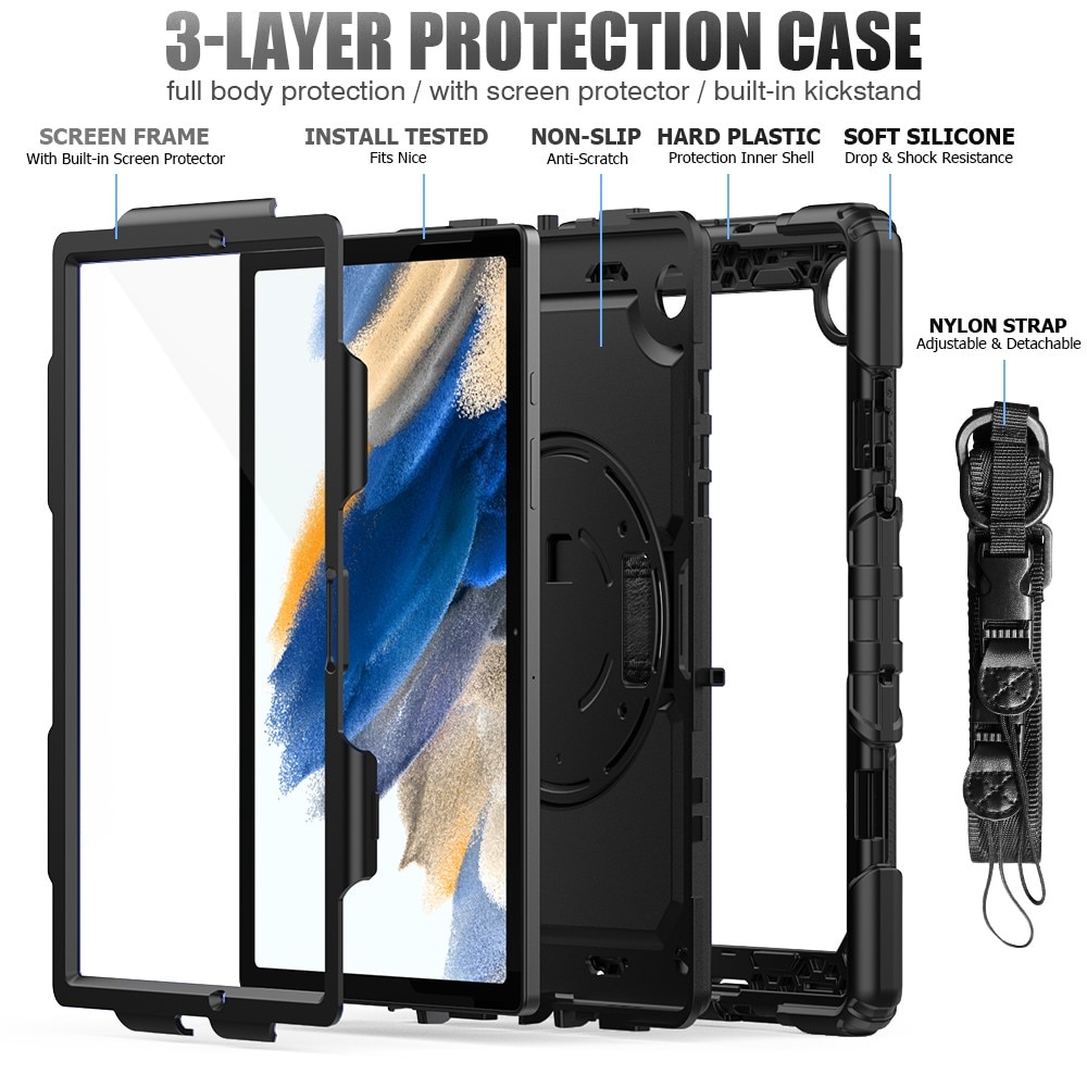 Samsung Galaxy Tab A8 10.5 Shockproof Full Protection Hybrid Case w. Shoulder Strap Black