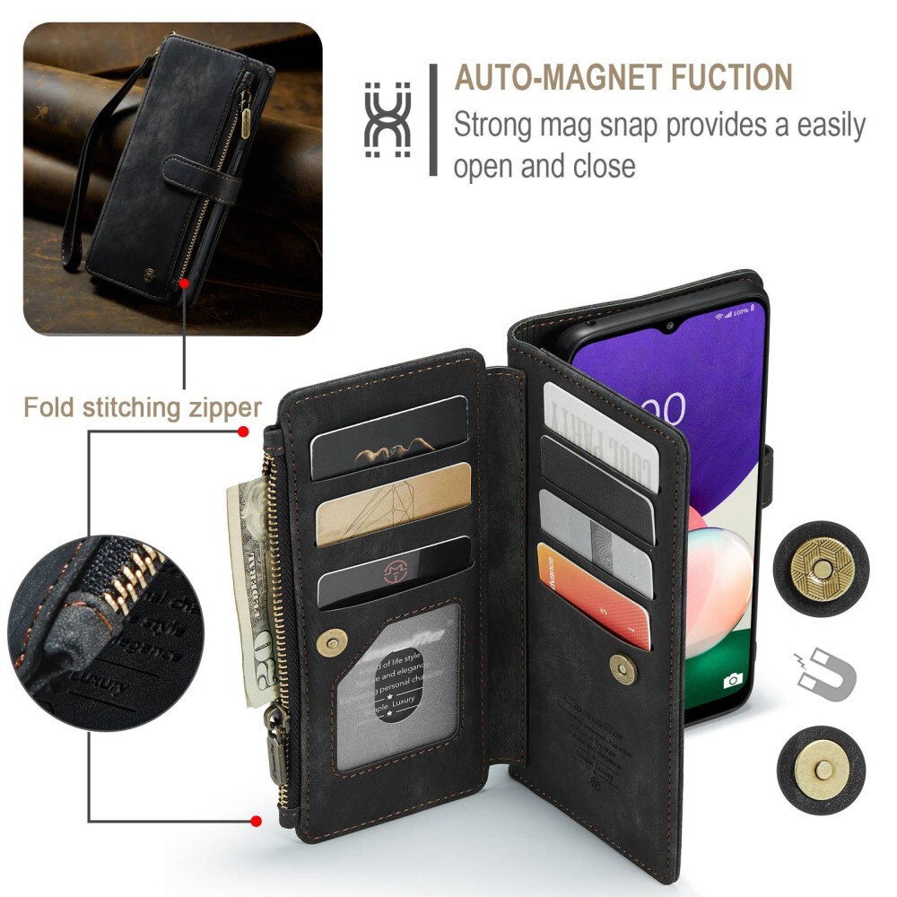 Samsung Galaxy A22 5G Zipper Wallet Book Cover Black