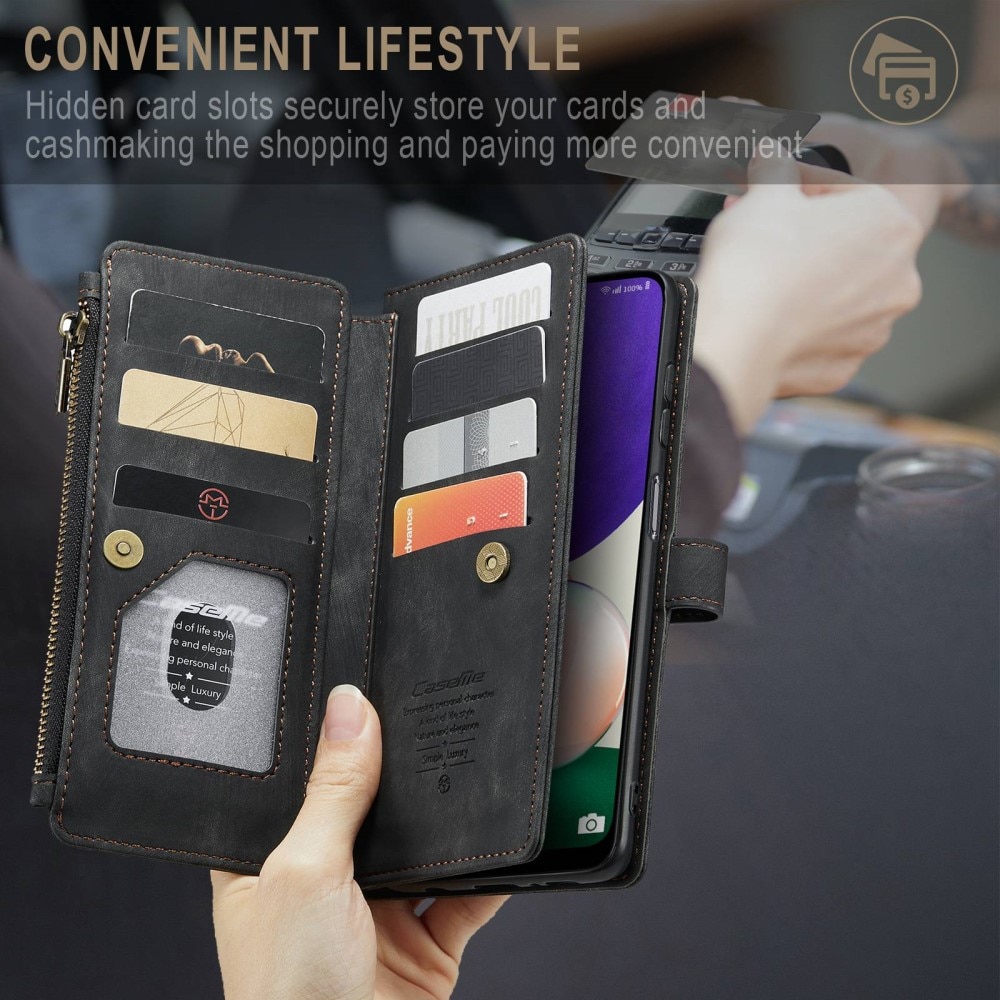 Samsung Galaxy A22 5G Zipper Wallet Book Cover Black