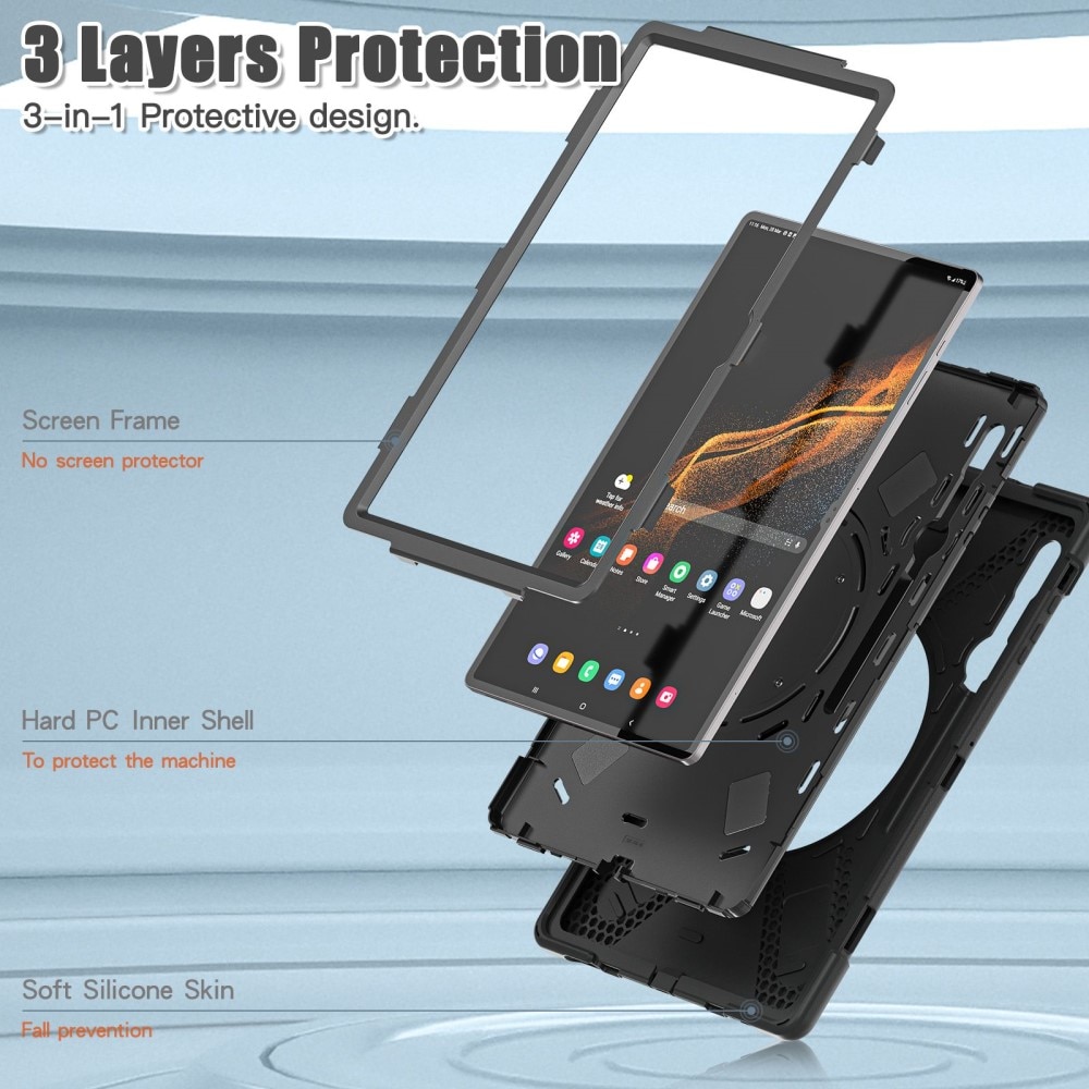 Samsung Galaxy Tab S8 Ultra Kickstand Hybrid Case w. Shoulder Strap Black
