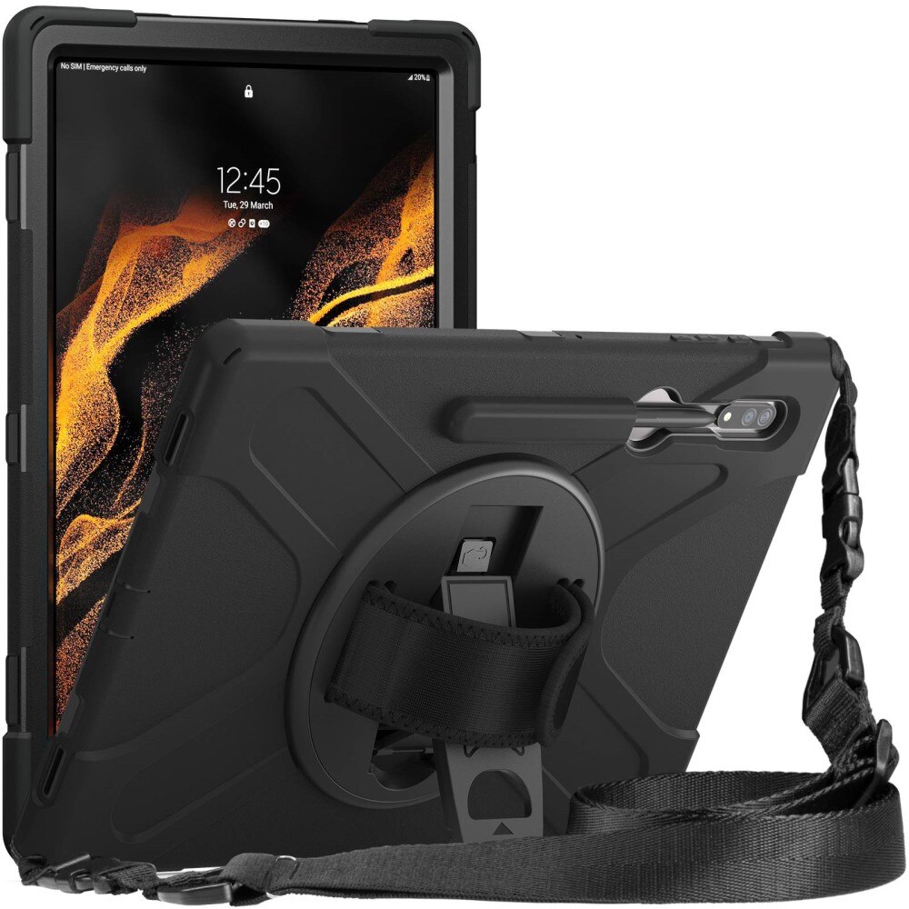 Samsung Galaxy Tab S8 Ultra Shockproof Hybrid Case w. Shoulder Strap Black