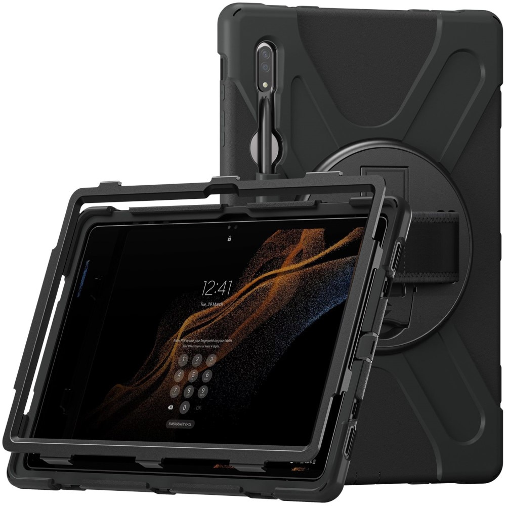 Samsung Galaxy Tab S8 Ultra Shockproof Hybrid Case w. Shoulder Strap Black