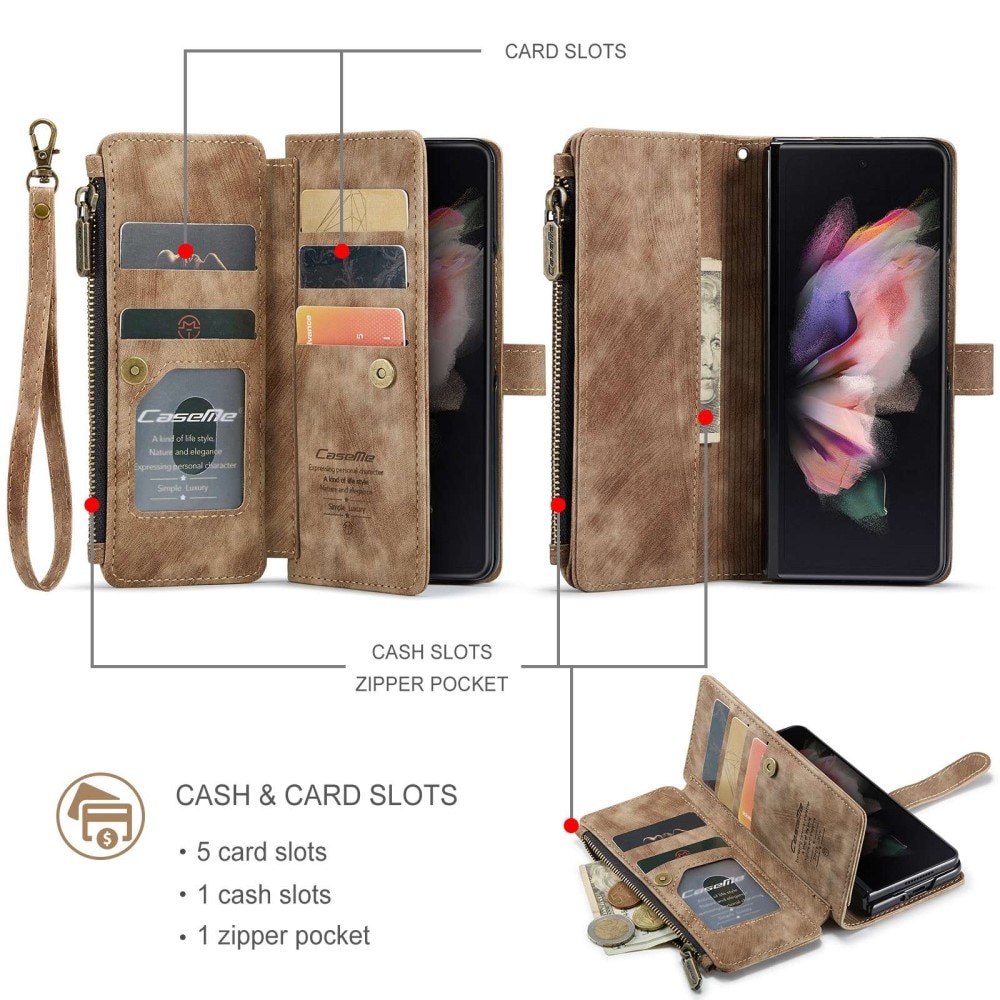 Samsung Galaxy Z Fold 3 Zipper Wallet Book Cover Brown