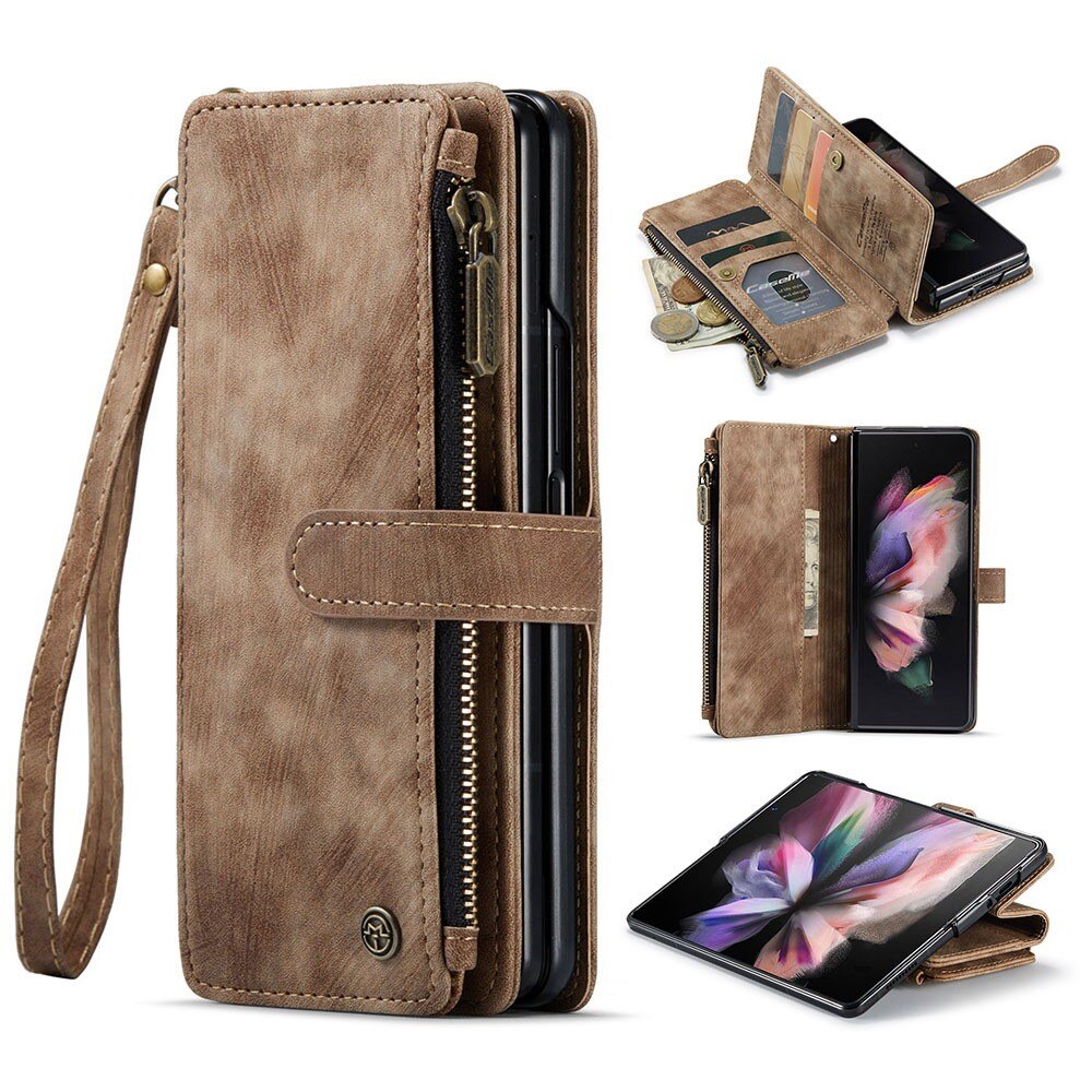 Samsung Galaxy Z Fold 3 Zipper Wallet Book Cover Brown