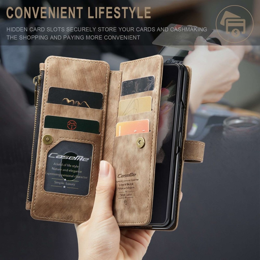 Samsung Galaxy Z Fold 3 Zipper Wallet Book Cover Brown