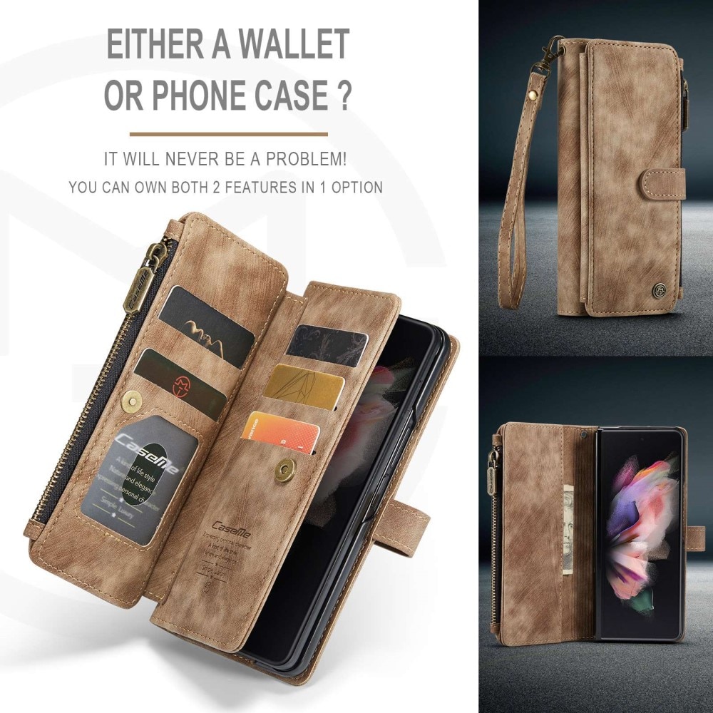 Samsung Galaxy Z Fold 3 Zipper Wallet Book Cover Brown