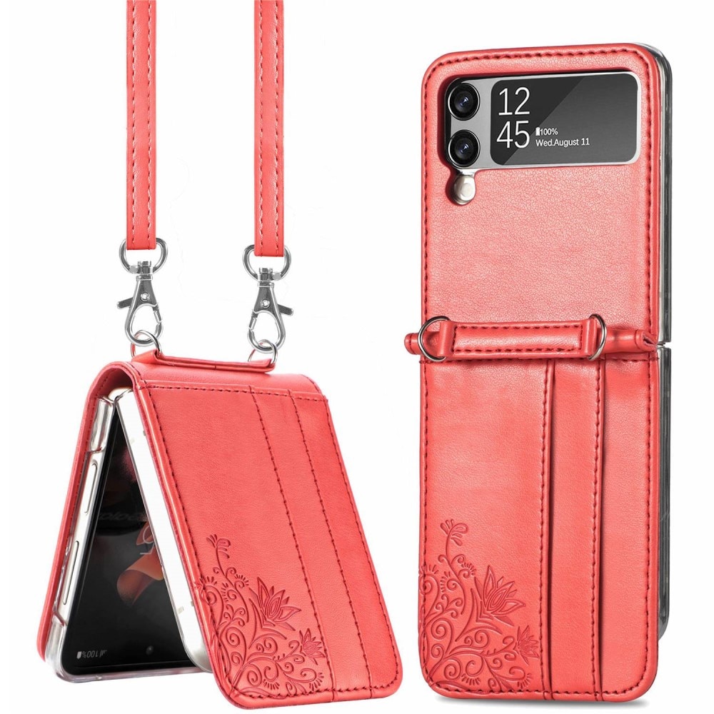 Samsung Galaxy Z Flip 4 Leather Cover Imprinted Butterflies Red