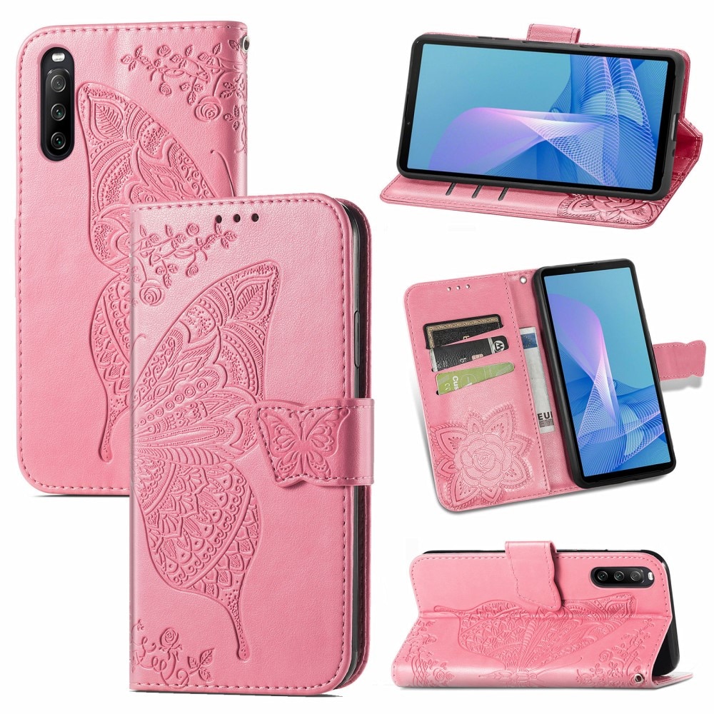 Sony Xperia 10 III Leather Cover Imprinted Butterflies Pink