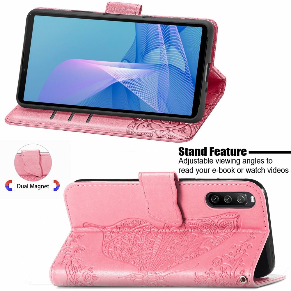 Sony Xperia 10 III Leather Cover Imprinted Butterflies Pink
