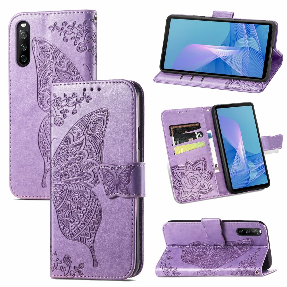 Sony Xperia 10 III Leather Cover Imprinted Butterflies Purple