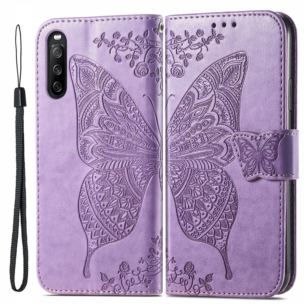 Sony Xperia 10 III Leather Cover Imprinted Butterflies Purple