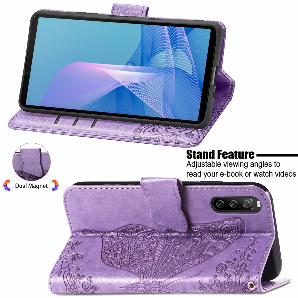 Sony Xperia 10 III Leather Cover Imprinted Butterflies Purple