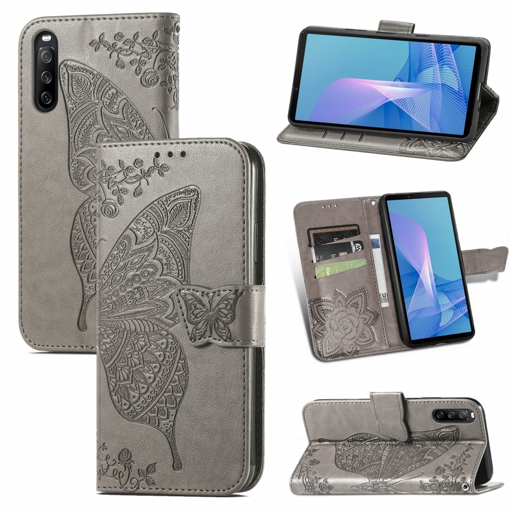 Sony Xperia 10 III Leather Cover Imprinted Butterflies Grey