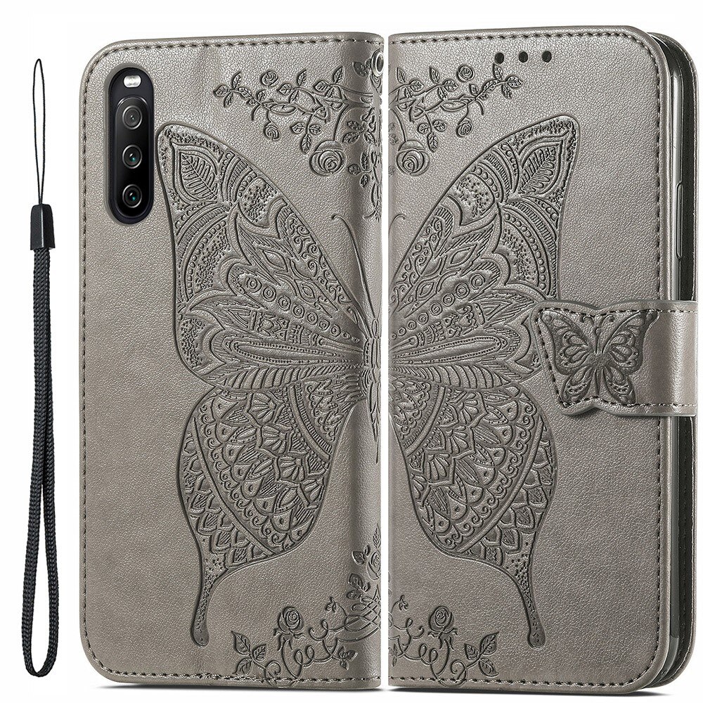 Sony Xperia 10 III Leather Cover Imprinted Butterflies Grey