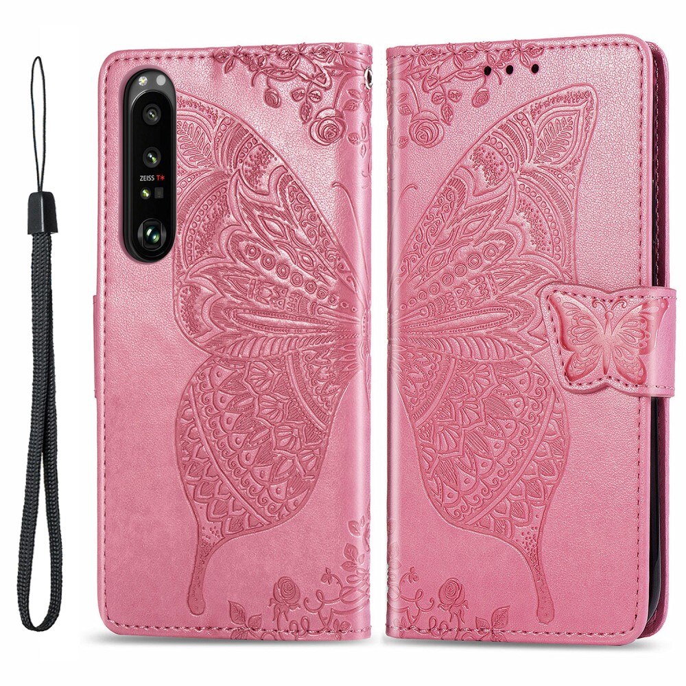 Sony Xperia 1 III Leather Cover Imprinted Butterflies Pink