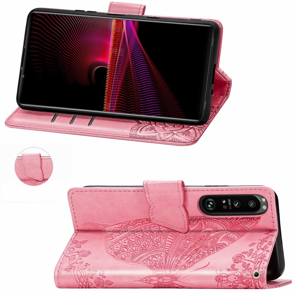 Sony Xperia 1 III Leather Cover Imprinted Butterflies Pink