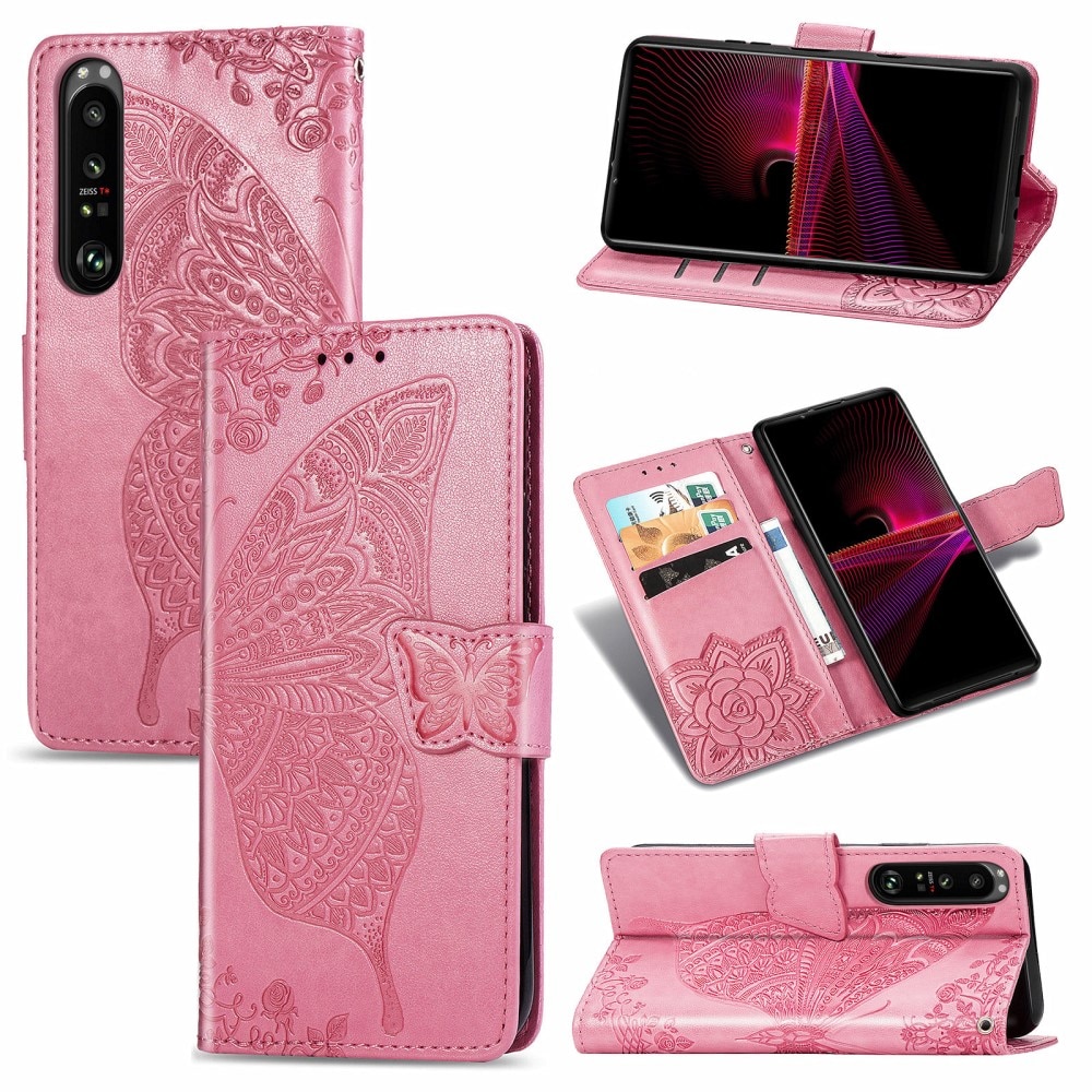 Sony Xperia 1 III Leather Cover Imprinted Butterflies Pink