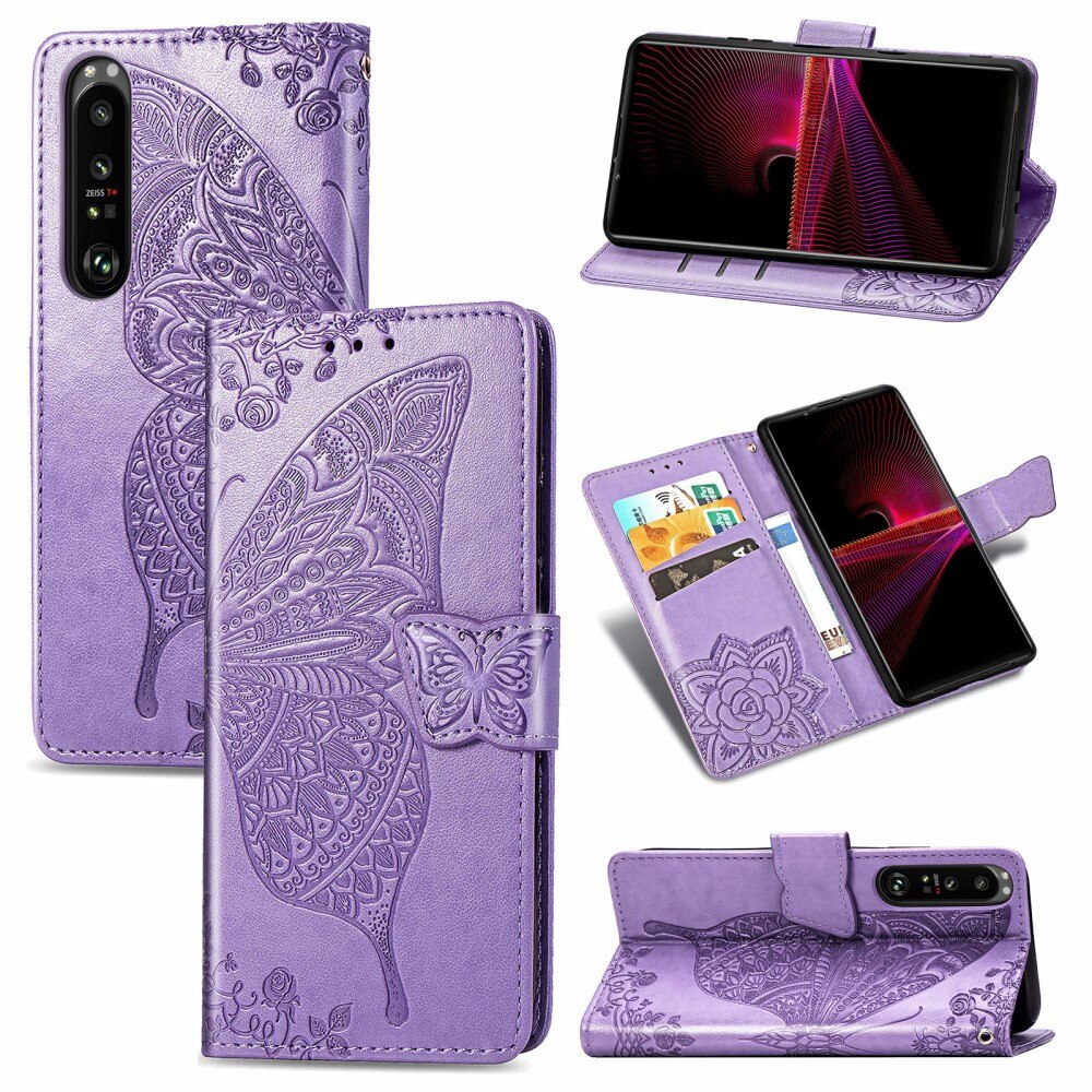 Sony Xperia 1 III Leather Cover Imprinted Butterflies Purple