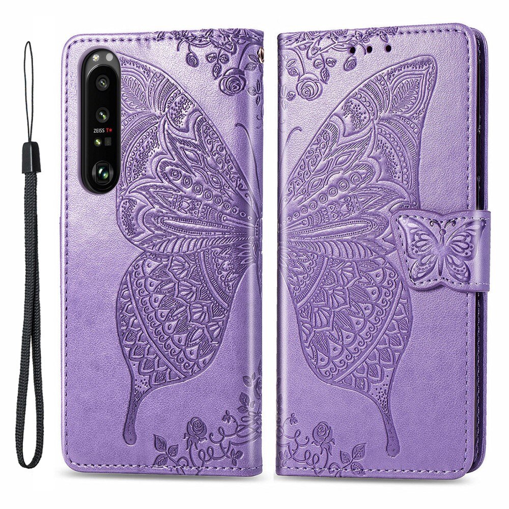 Sony Xperia 1 III Leather Cover Imprinted Butterflies Purple