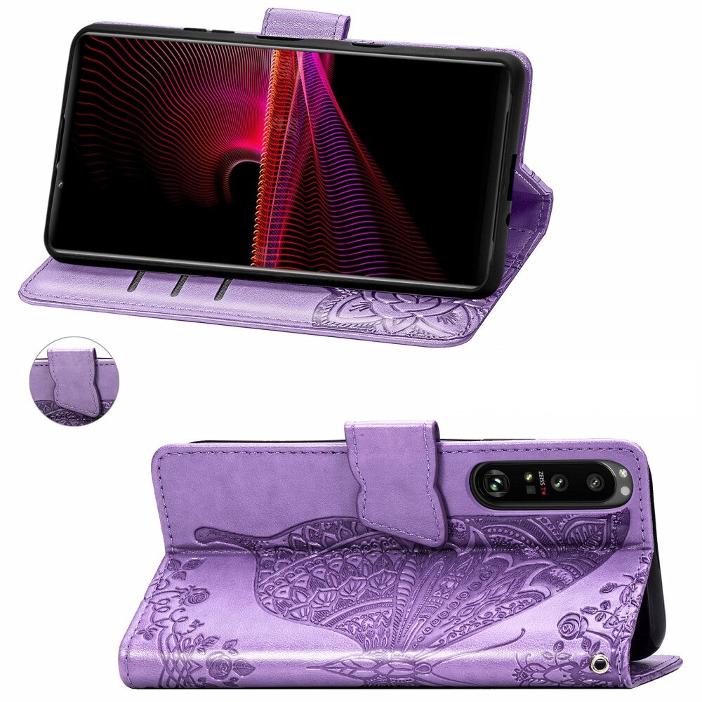 Sony Xperia 1 III Leather Cover Imprinted Butterflies Purple