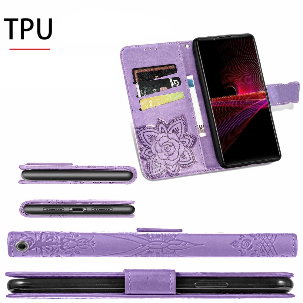 Sony Xperia 1 III Leather Cover Imprinted Butterflies Purple
