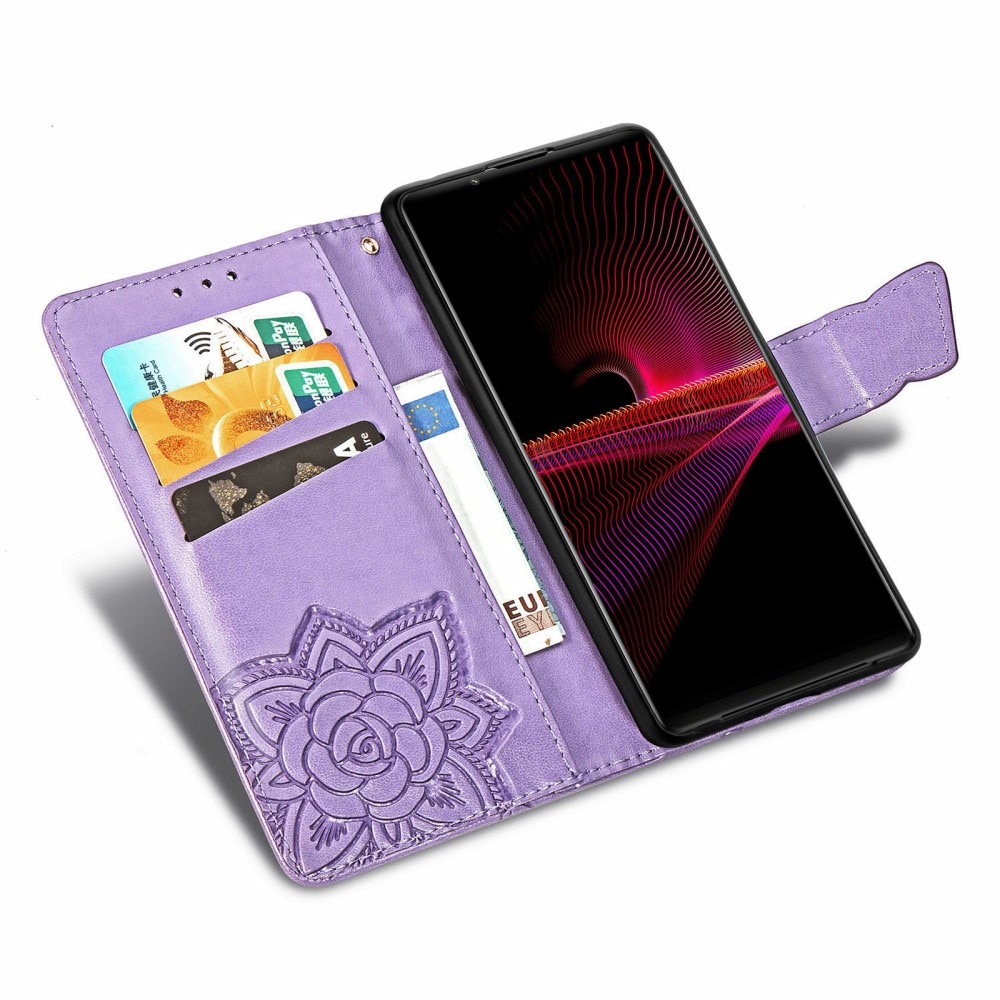 Sony Xperia 1 III Leather Cover Imprinted Butterflies Purple
