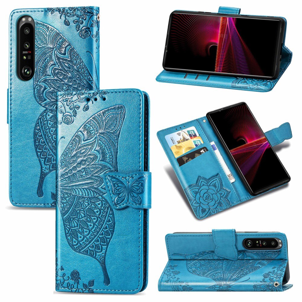 Sony Xperia 1 III Leather Cover Imprinted Butterflies Blue