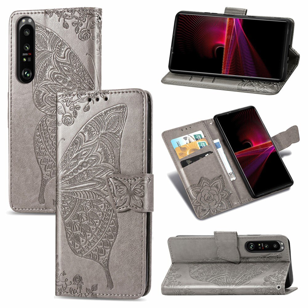 Sony Xperia 1 III Leather Cover Imprinted Butterflies Grey