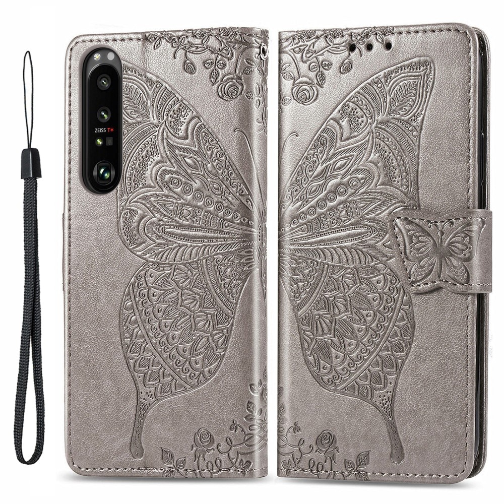 Sony Xperia 1 III Leather Cover Imprinted Butterflies Grey