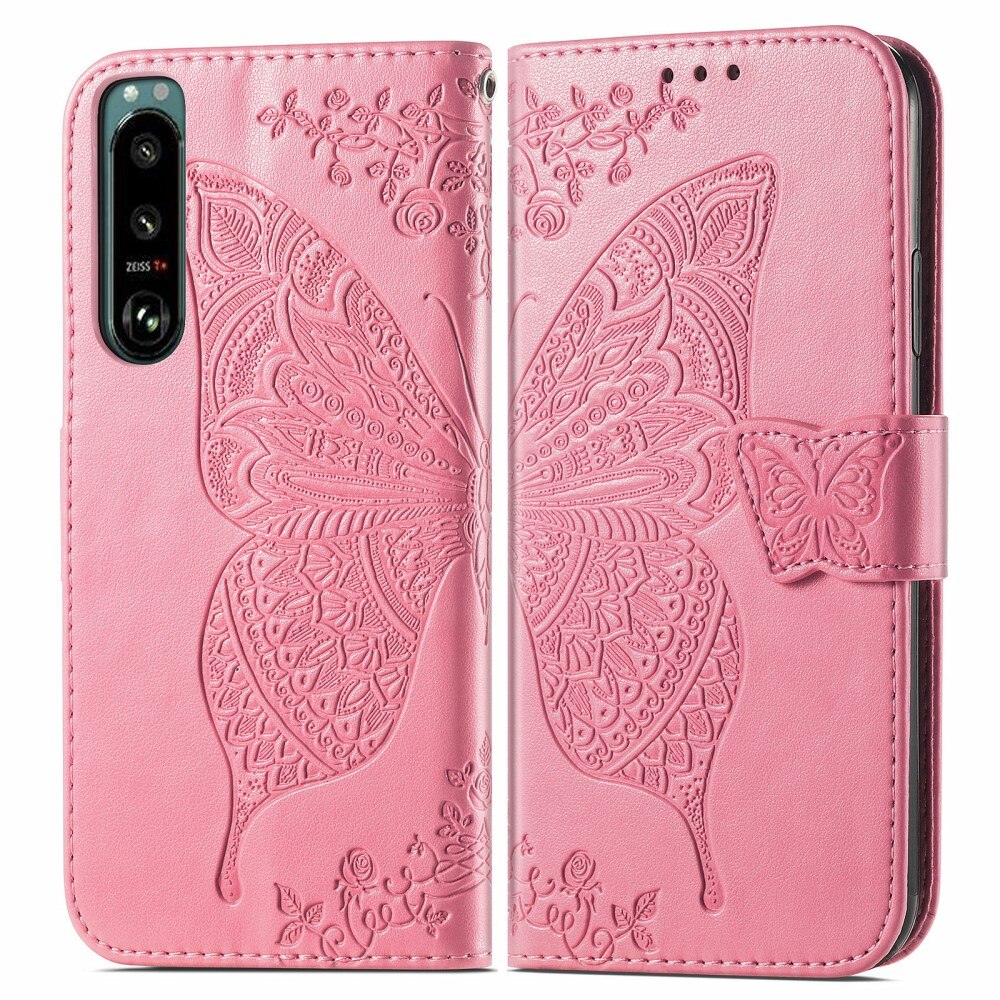 Sony Xperia 5 III Leather Cover Imprinted Butterflies Pink