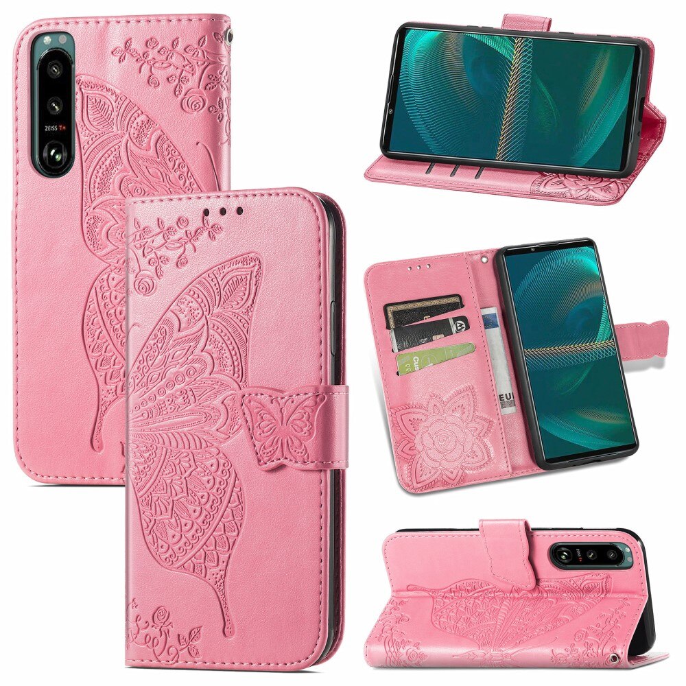 Sony Xperia 5 III Leather Cover Imprinted Butterflies Pink