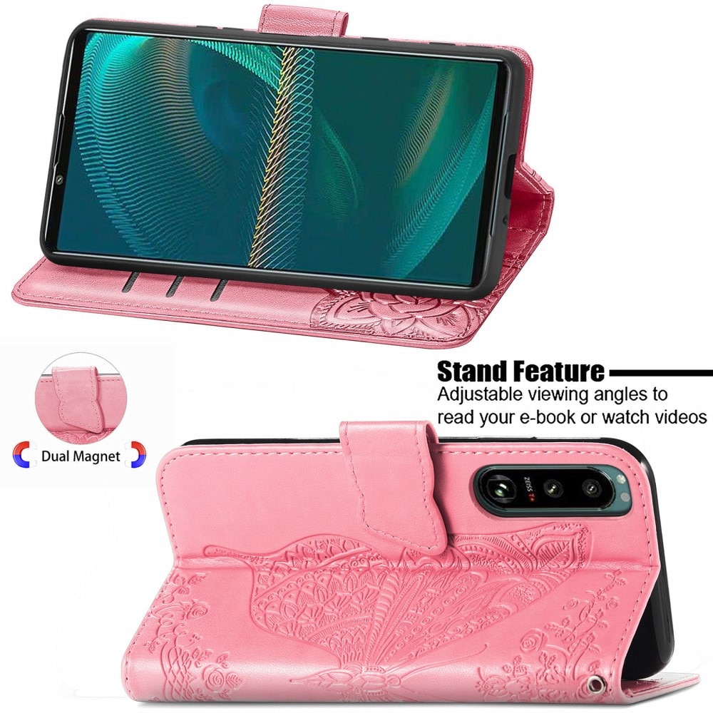 Sony Xperia 5 III Leather Cover Imprinted Butterflies Pink