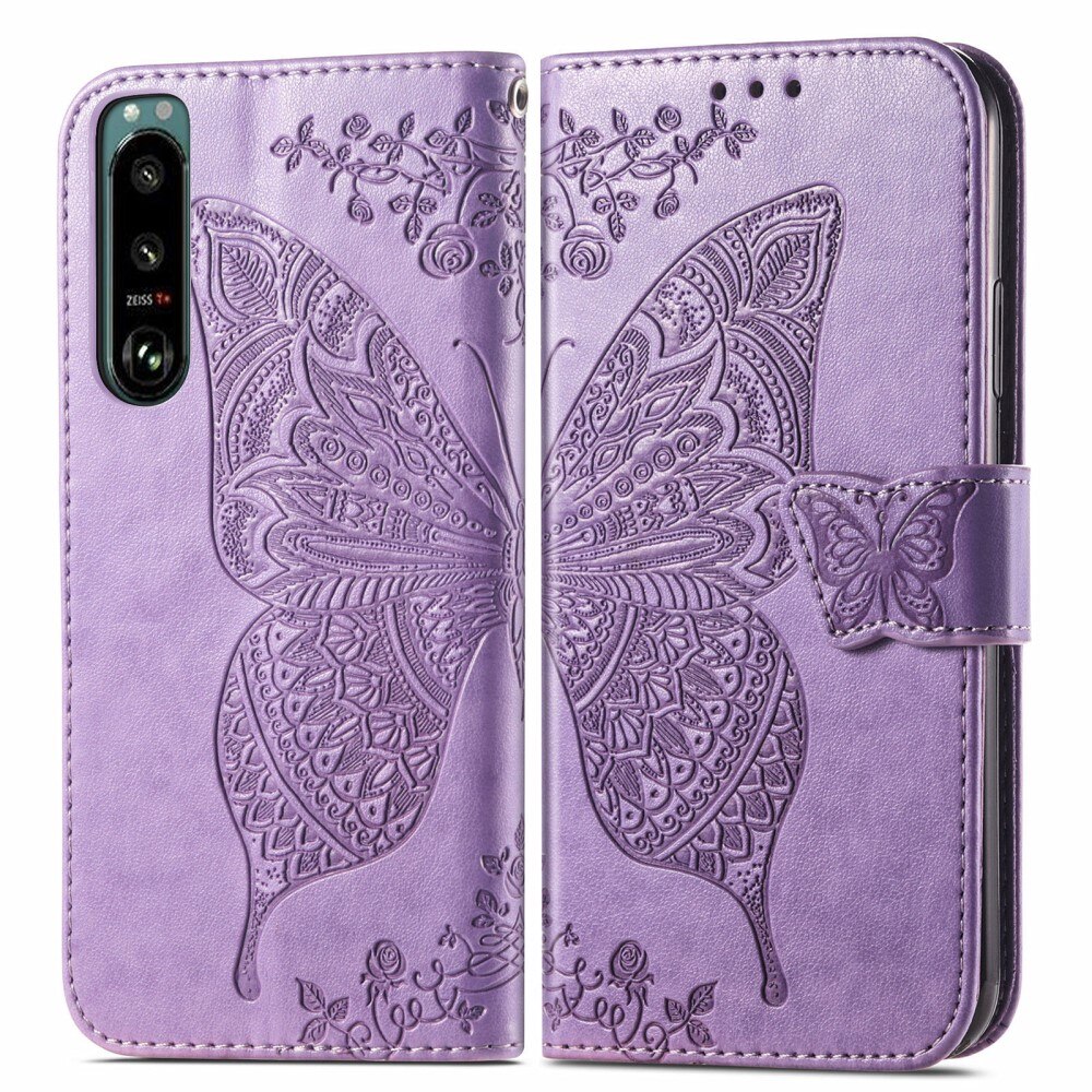 Sony Xperia 5 III Leather Cover Imprinted Butterflies Purple