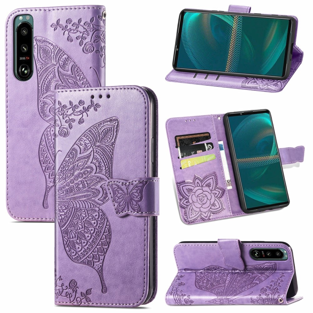 Sony Xperia 5 III Leather Cover Imprinted Butterflies Purple