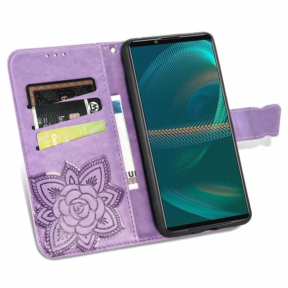 Sony Xperia 5 III Leather Cover Imprinted Butterflies Purple