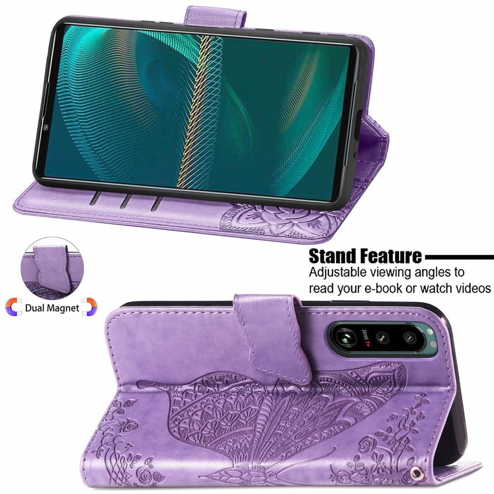 Sony Xperia 5 III Leather Cover Imprinted Butterflies Purple