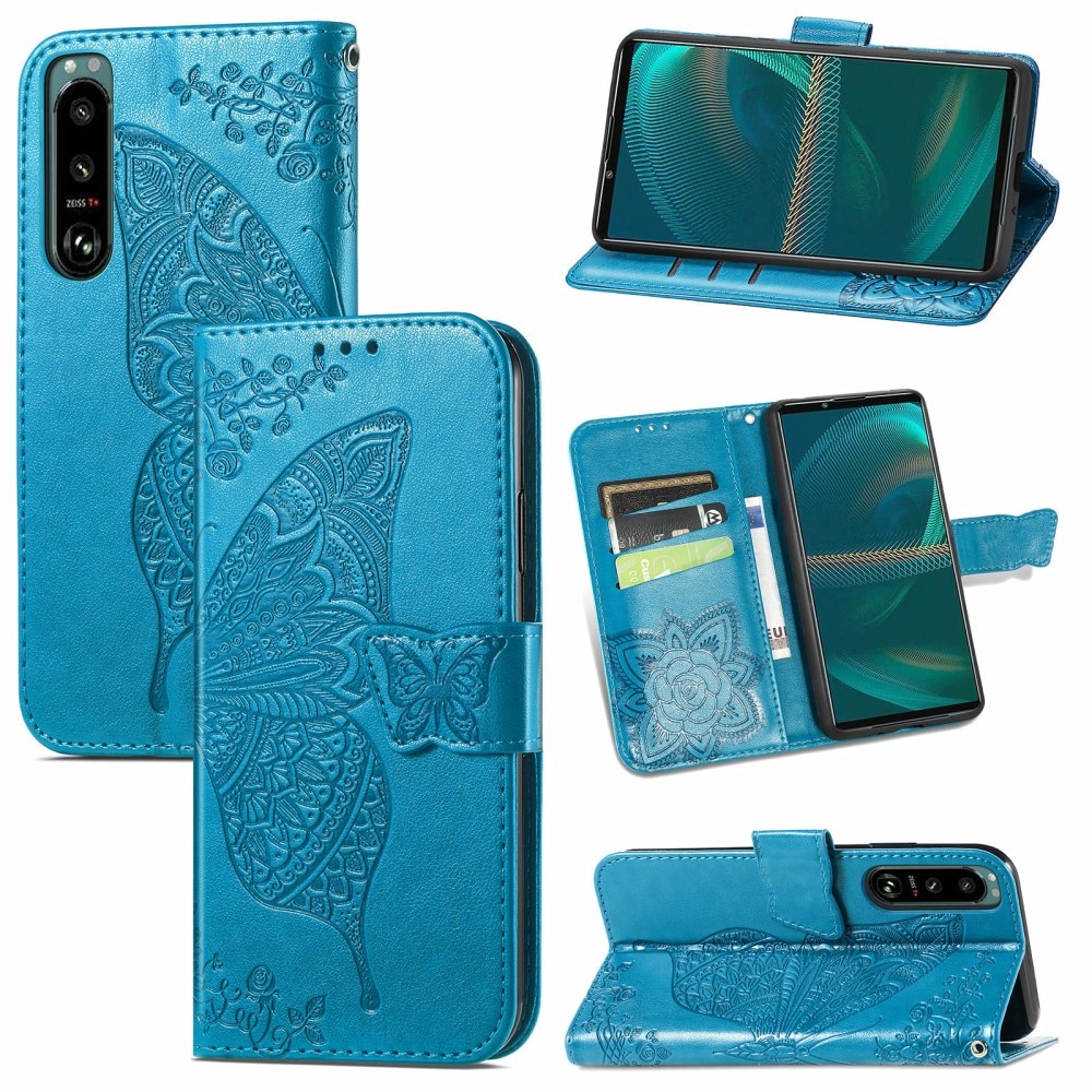 Sony Xperia 5 III Leather Cover Imprinted Butterflies Blue