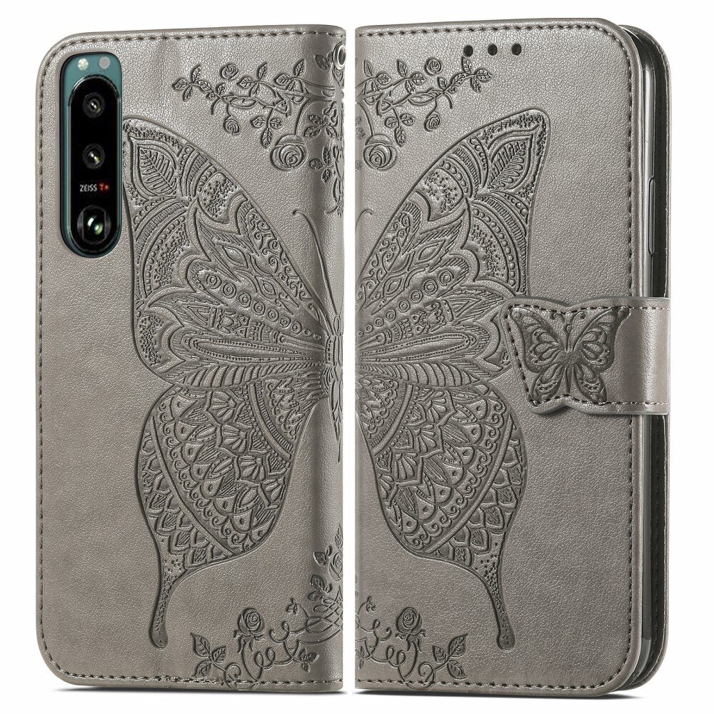 Sony Xperia 5 III Leather Cover Imprinted Butterflies Grey