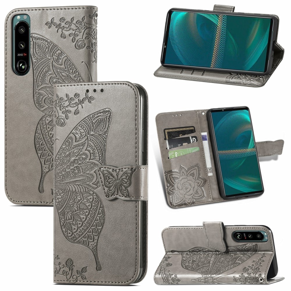 Sony Xperia 5 III Leather Cover Imprinted Butterflies Grey