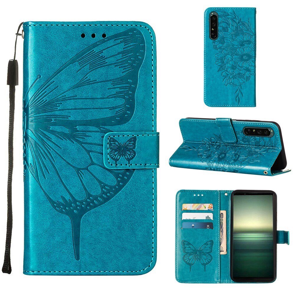 Sony Xperia 1 IV Leather Cover Imprinted Butterflies Blue